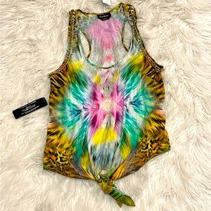 BEBE colorful animal print‎ with gold chain detail front tie tank small